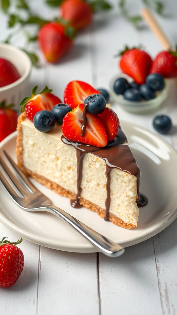 Slice of creamy cheesecake topped with berries and chocolate ganache on a white plate.